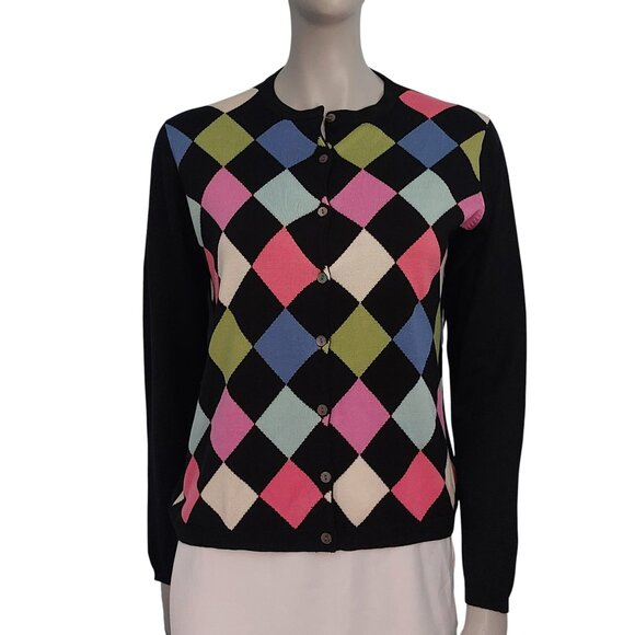 Cardigan Sweater Black Argyle Large Long Sleeves Colorful Preppy Classy Silk EUC - Picture 1 of 12